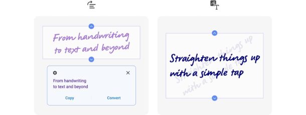 A screenshot shows handwriting converted to text with options "copy" and "convert". A 2nd screenshot shows straight, aligned handwriting that reads "Straighten things up with a simple tap".