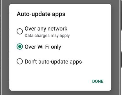 List of Auto-update apps choices in the Play Store