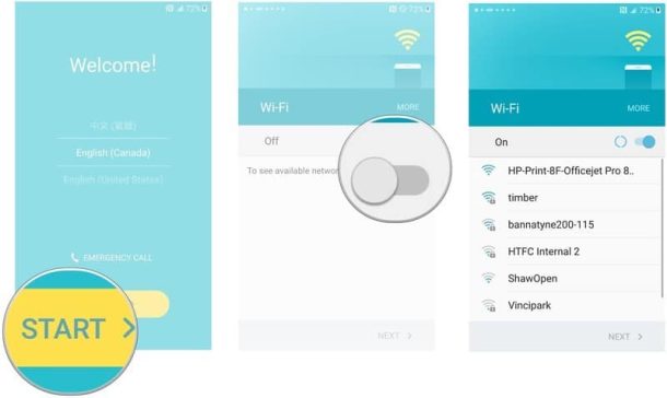 Tap start, then toggle the wi-fi switch on , then tap on the name of your wi-fi network