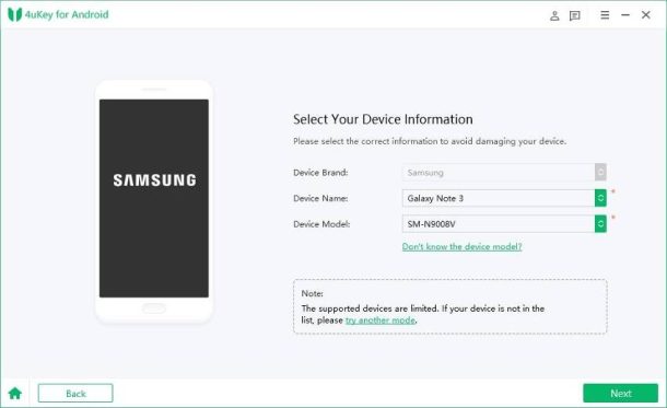 choose correct Samsung device information