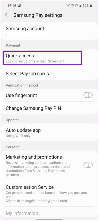 Select quick access in samsung pay